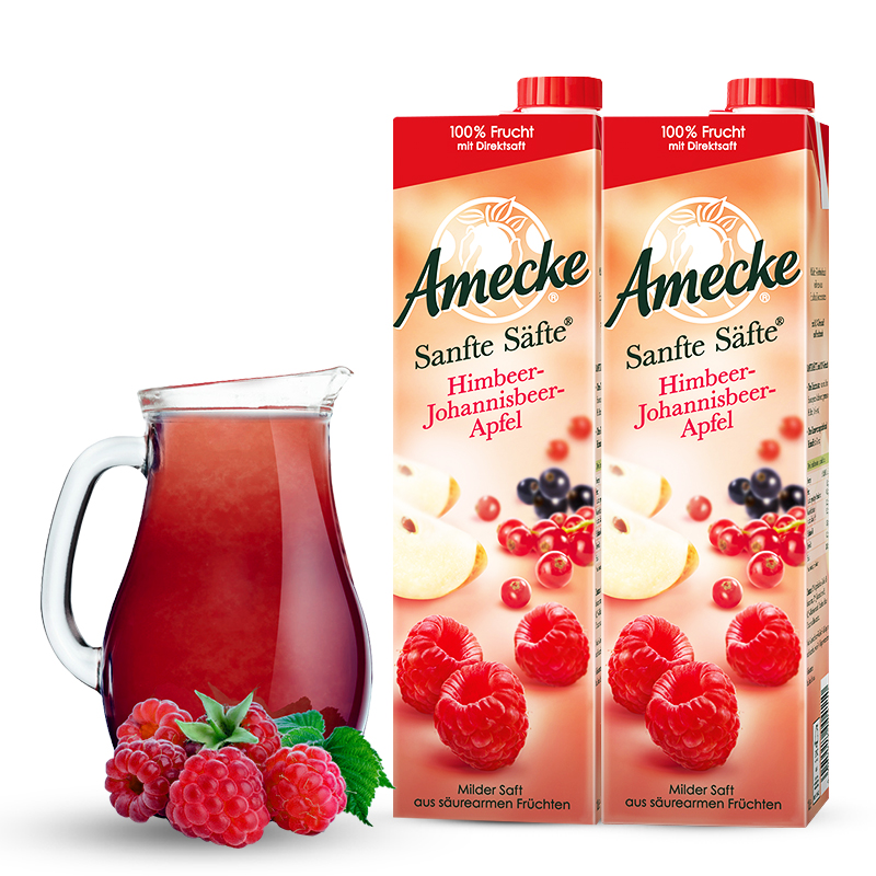 爱美可（Amecke）进口果汁德国原装鲜榨果汁树莓红醋栗苹果混合果汁1L*2瓶装果汁饮料（新老包装交替发货）