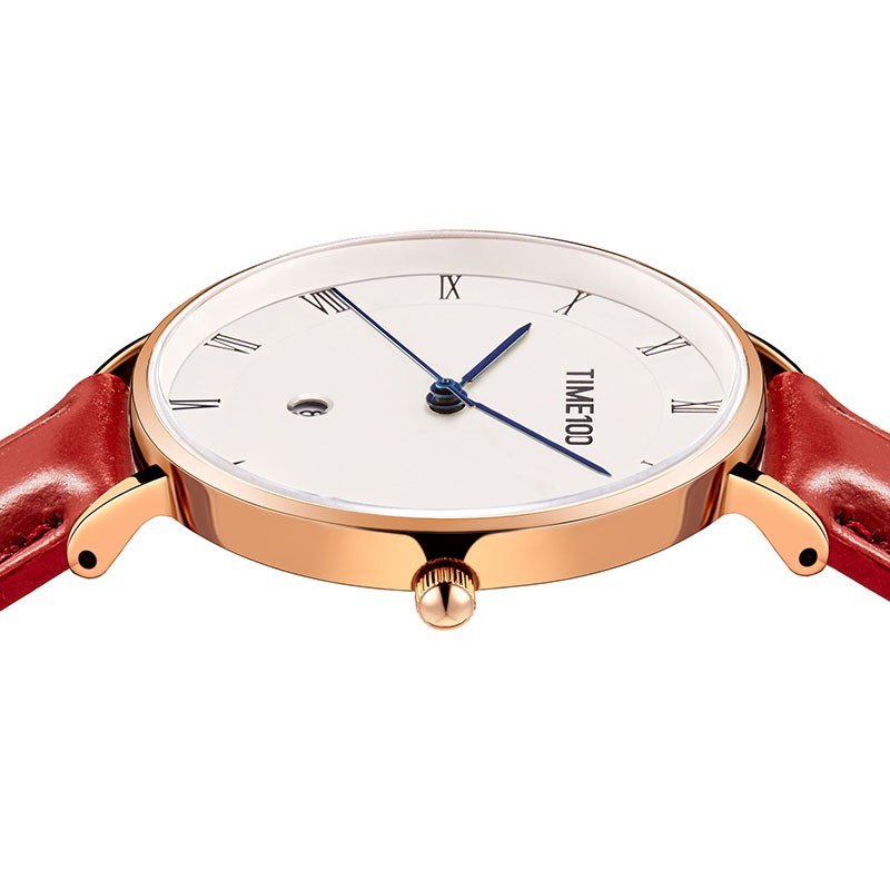 时光一百（TIME100）手表女轻薄简约头层油蜡牛皮女士手表圆盘日历防水学生女神节礼物 大红
