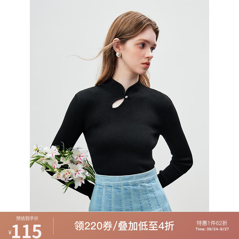 范思蓝恩23FS13422 新中式针织上衣女设计感小众秋季长袖打底衫 黑色 M怎么看?