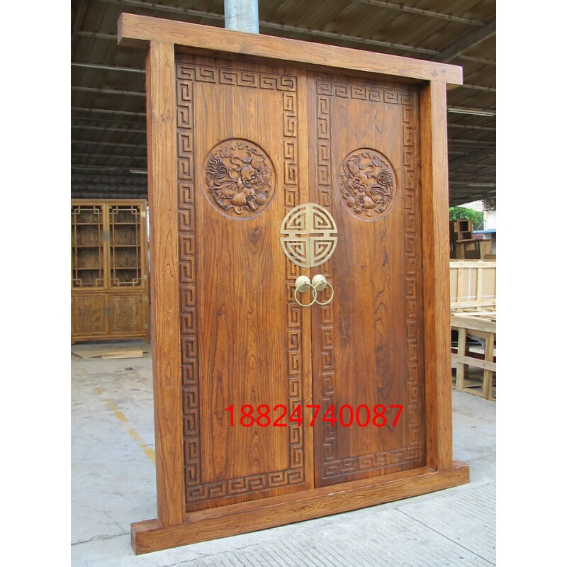 榆木中式双开大门庭院别墅仿古大门农乡村进户大门原木门 01雕刻大门