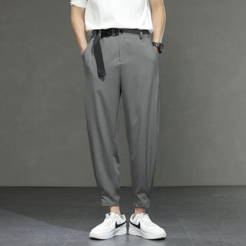 贝吉棋裤子男潮流宽松束脚休闲裤垂感弹力男士九分小西装裤 深灰色 m