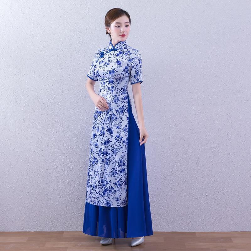 fengedun越南奥黛旗袍裙服装夏季复古改良民族秀青花瓷正宗印花连衣裙