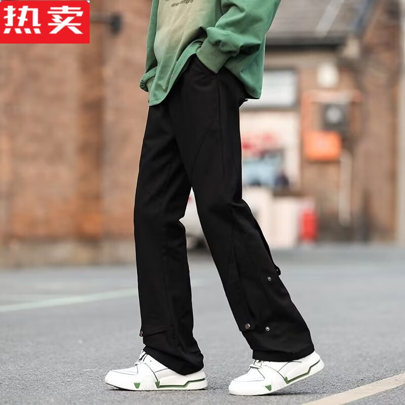 旅美式风裤子女小众设计感米白色双膝工装裤休闲微喇伐木冲锋裤 黑色