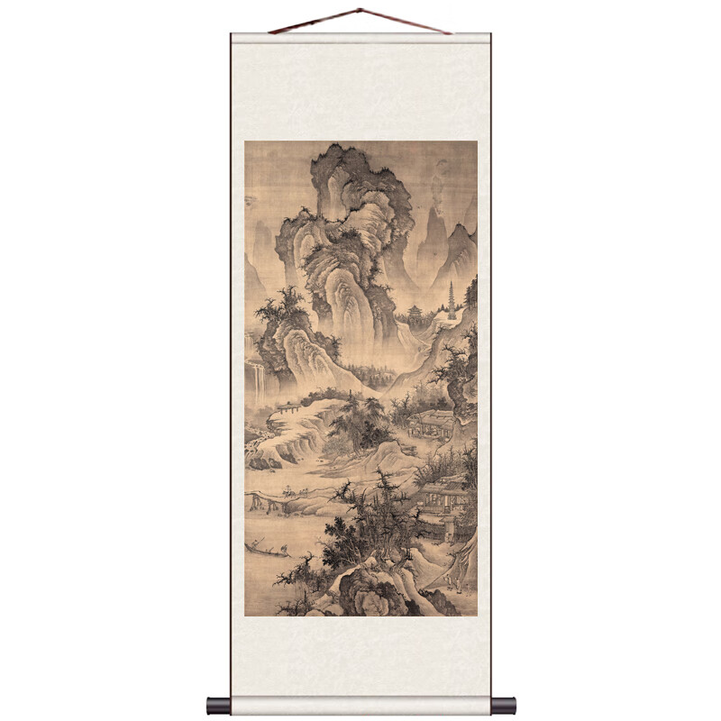 明代名家字畫仿古卷軸畫辦公室山水花鳥掛畫國(guó)畫文徵明溪橋策杖圖 明 李在 山莊高逸 卷軸畫心宣紙噴繪更逼真80x190
