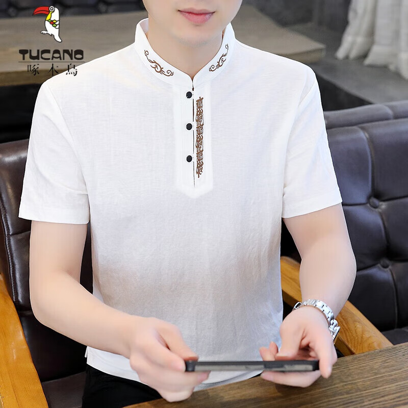 啄木鸟(tucano)中国风立领t恤男士短袖复古潮流冰丝上衣体恤衫男半袖