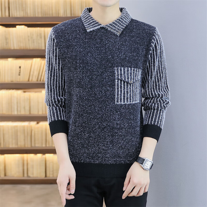 毛线衣男修身韩版针织衫百搭帅气打底上衣假两件翻领毛衣新品男装衣服
