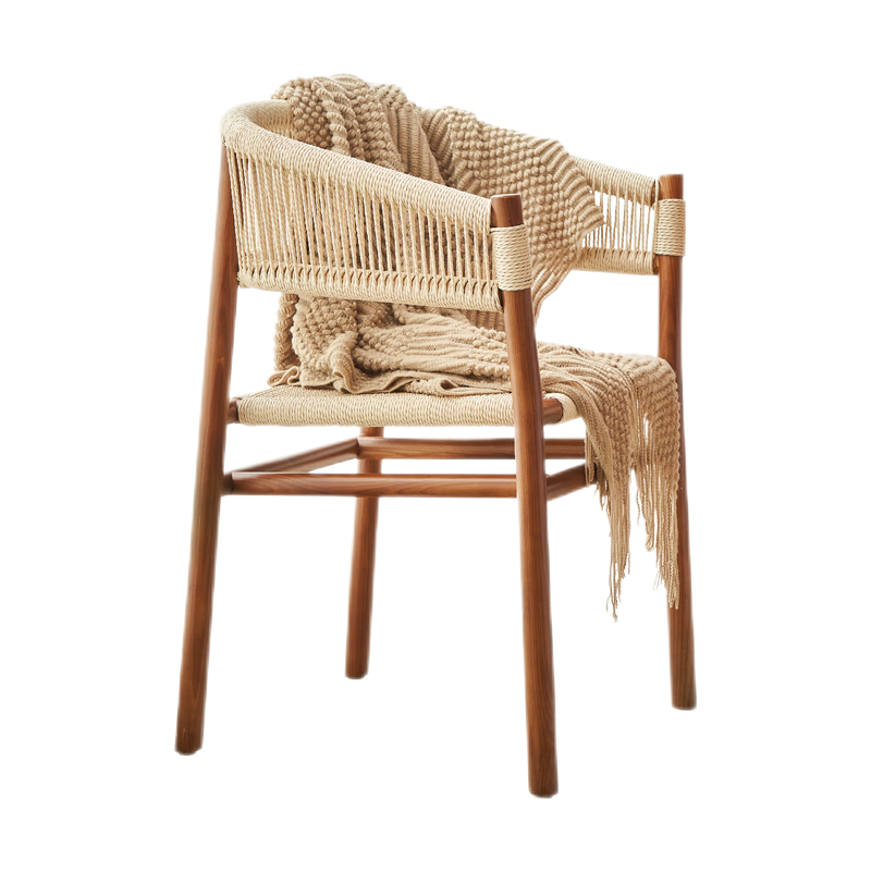 藤妃北欧实木餐椅创意家用麻绳编织靠背躺椅现代简约白蜡木餐桌椅组合 餐椅