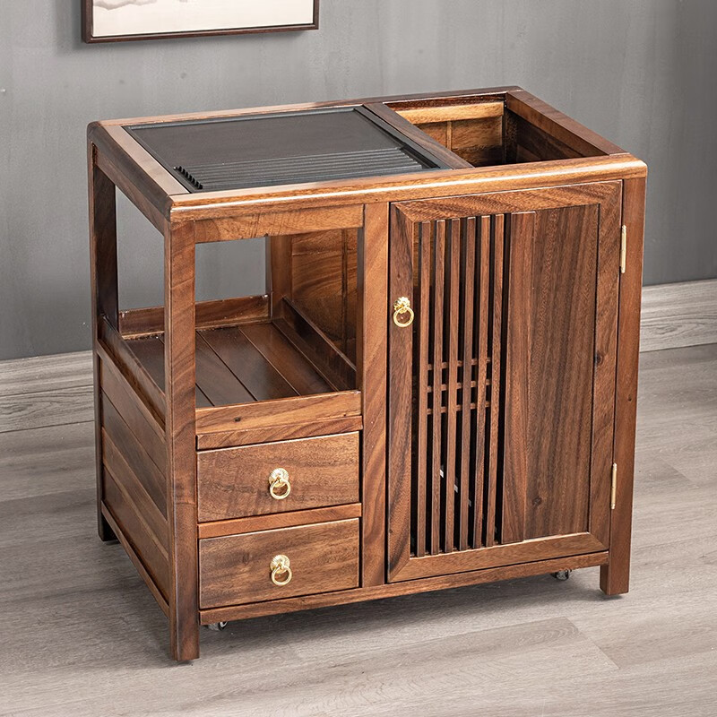 练嘉(lianjia)胡桃木移动茶水柜办公室乌金石茶台家用烧水壶实木茶桌