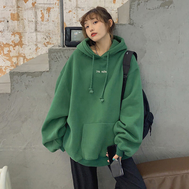 衣彩湾搭配鲨鱼裤的长款卫衣女遮臀学生绿色美式复古带帽子套头卫衣长