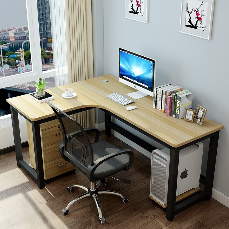 梵友（FANYOU）转角电脑桌拐角书桌简约L型办公桌 钢木结构 可定制 黑架+浅胡桃色 反向 长140宽120高74CM不含柜子 椅子