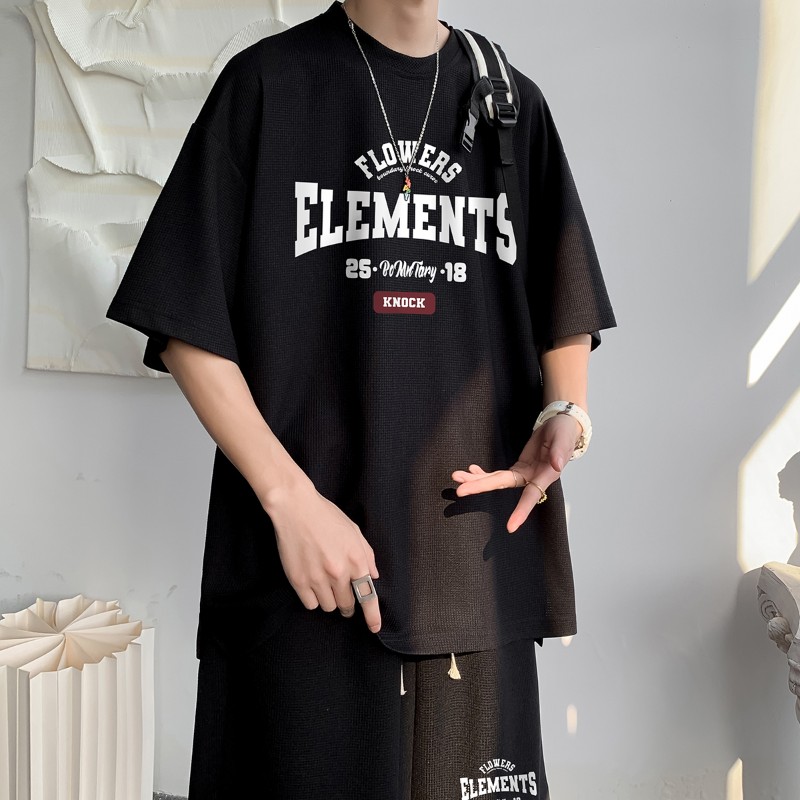 穿的男短袖t恤套装男短裤一套衣服男生夏 黑色(男式潮人个性帅气潮牌