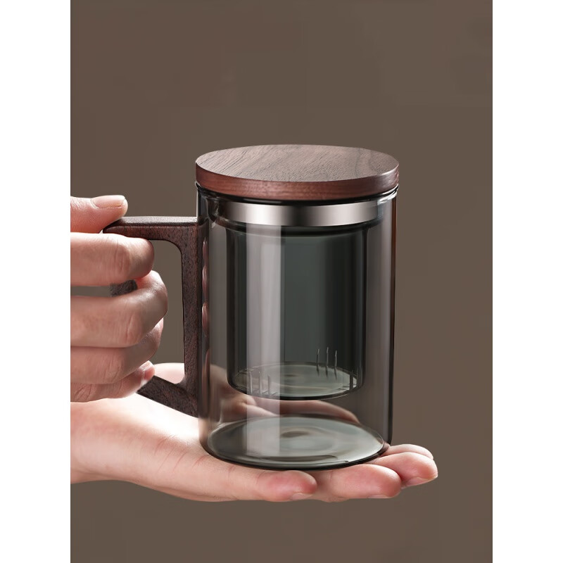 曲和（QUHE）办公室泡茶杯耐热玻璃茶杯带把月牙杯绿茶杯茶水分离男款喝茶杯子 D形木把透明款-单杯无盖 400mL(不含)-600mL(含)