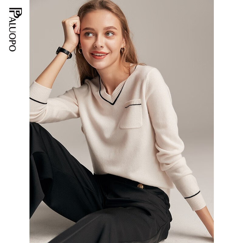 帕罗（PALUOPO）羊绒衫女v领拼色秋冬100%山羊绒打底条纹提花口袋时尚保暖针织衣 古董白 S 155/95