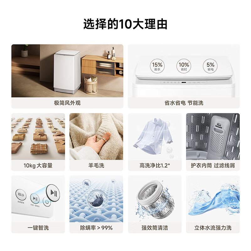 小米（MI）米家波轮洗衣机 全自动租房宿舍家用洗衣机 智能称重深层洁净不锈钢健康筒自洁 9+kg加大版 智能称重|24h预约|15min快速洗