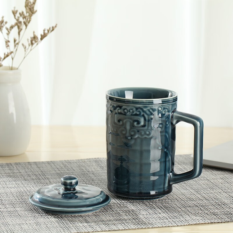 乾唐轩 【官方授权】活瓷杯富贵高杯茶杯个人专用大容量陶瓷杯子品铭杯 宝石蓝