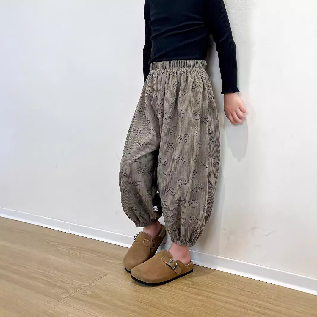 拥抱熊秋季儿童新款运动裤灯芯绒休闲裤童裤卫裤男女童宽松韩版哈伦裤潮 灯芯绒米碎花 120 cm