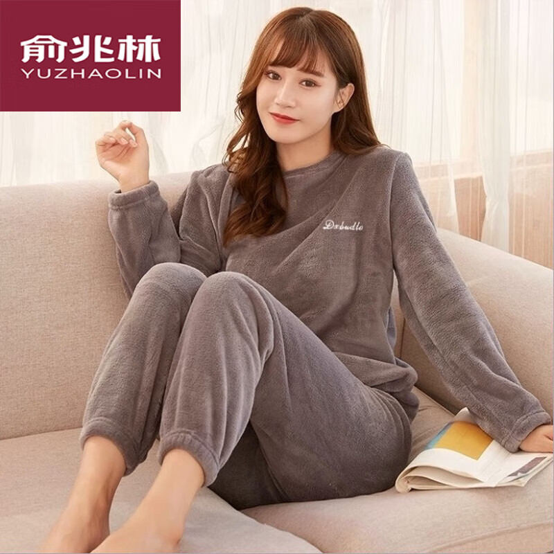 俞兆林珊瑚绒睡衣女秋冬外穿加绒加厚仙女暖暖套装家居服保暖内衣 德芙可可色/2件套上衣+裤子 95-140斤