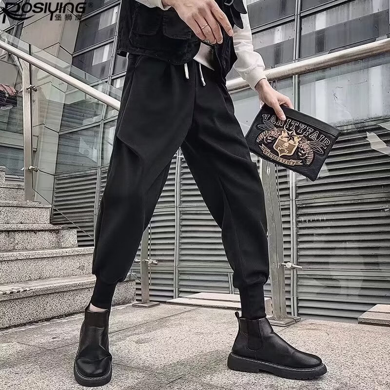 高档网红ins暗黑系机能工装裤潮男宽松大码胖子束脚裤搭配马丁靴 黑色