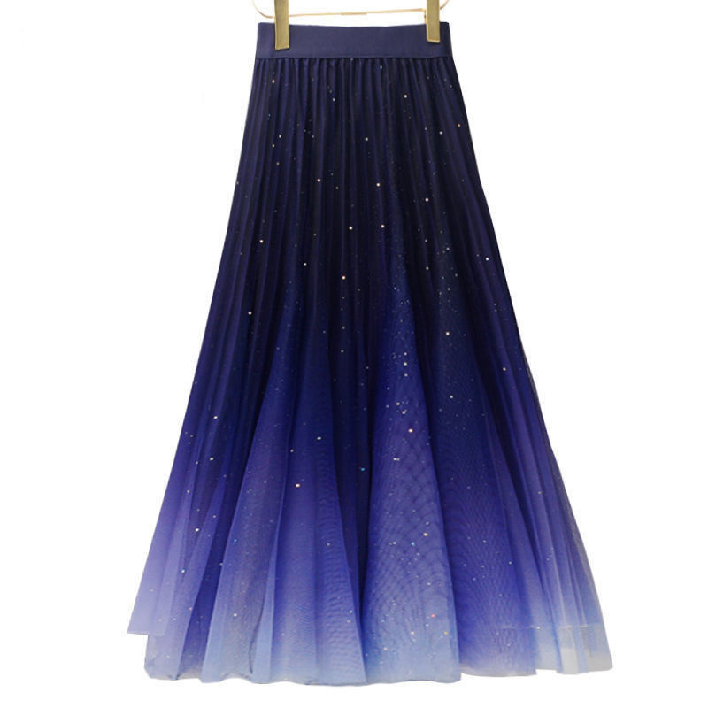 星空渐变色半身裙春夏新款仙女高腰亮片中长款网纱大摆裙子潮 蓝色