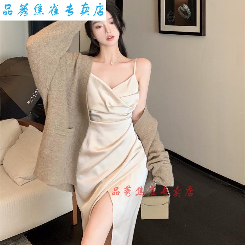 缎港风开叉层次皱褶约会穿搭吊带连衣裙晚会礼服裙子 香槟色柔软肤 s