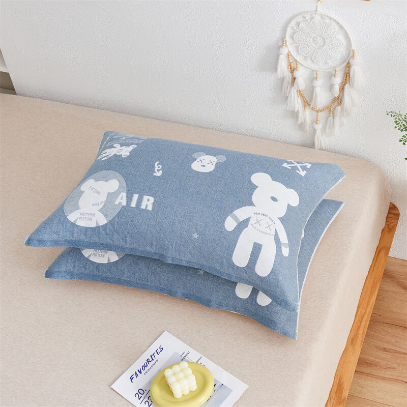多兰诗（Duolanshi）原棉纱枕巾一对装 加大加厚卡通风简约吸汗透气柔软四季枕罩枕巾 暴力熊蓝 52cm*78cm 枕巾【一对装】
