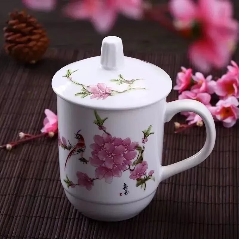 【精选直发】景德镇陶瓷杯会议办公室水杯带盖家用陶瓷水杯套装酒 水点桃花1号杯 【1个装】