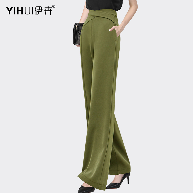 裤女高腰垂感显瘦拖地裤直筒休闲长裤新款 军绿色/娇小个子-裤长95cm