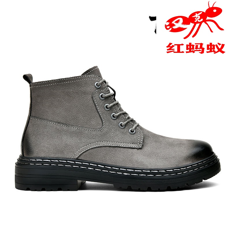 汉克红蚂蚁靴子男中邦皮靴复古真皮工装棉靴英伦擦色短靴男士加绒中筒