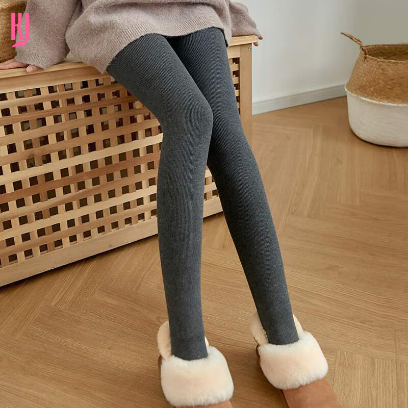 KJ法国打底裤秋冬加绒加厚羊脂竖条纹外穿保暖踩脚连裤一体袜女 深灰连袜 1条 均码 350g（建议-5-15℃穿）