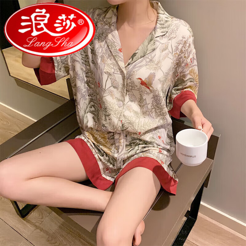 浪莎(langsha)真丝睡衣女夏季套装ins风高颜值短袖短裤少女丝绸家居服