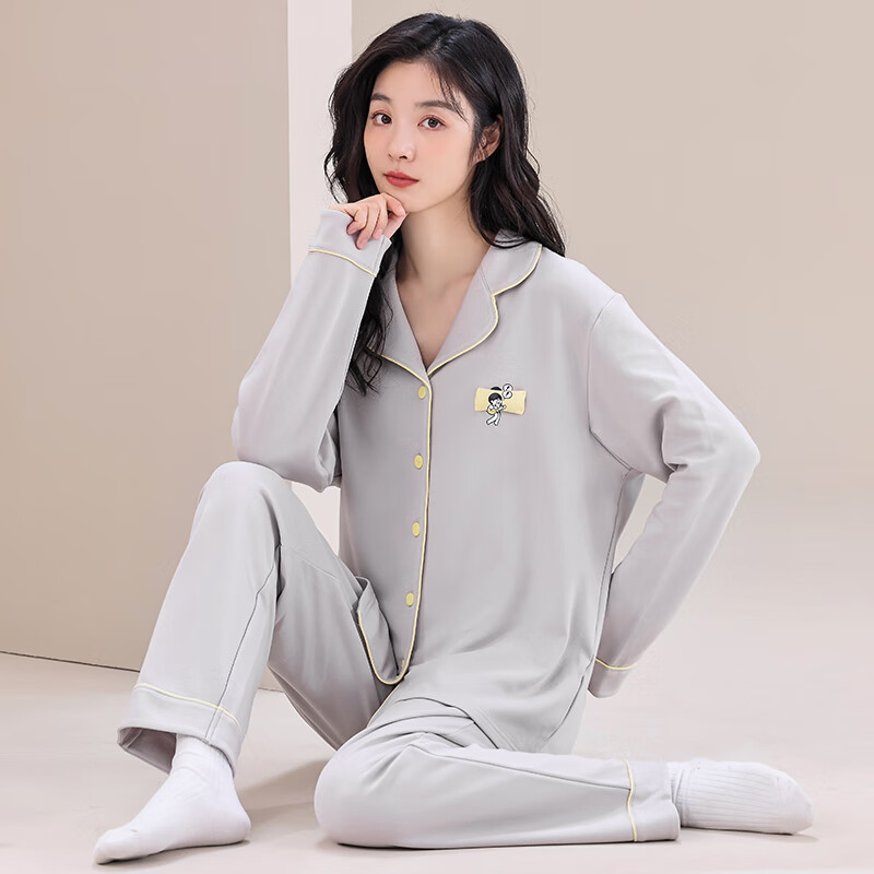 猫人睡衣女春秋 长袖两件套 开衫可外穿立体图案 可外穿家居服 08M6321浅灰色 3XL