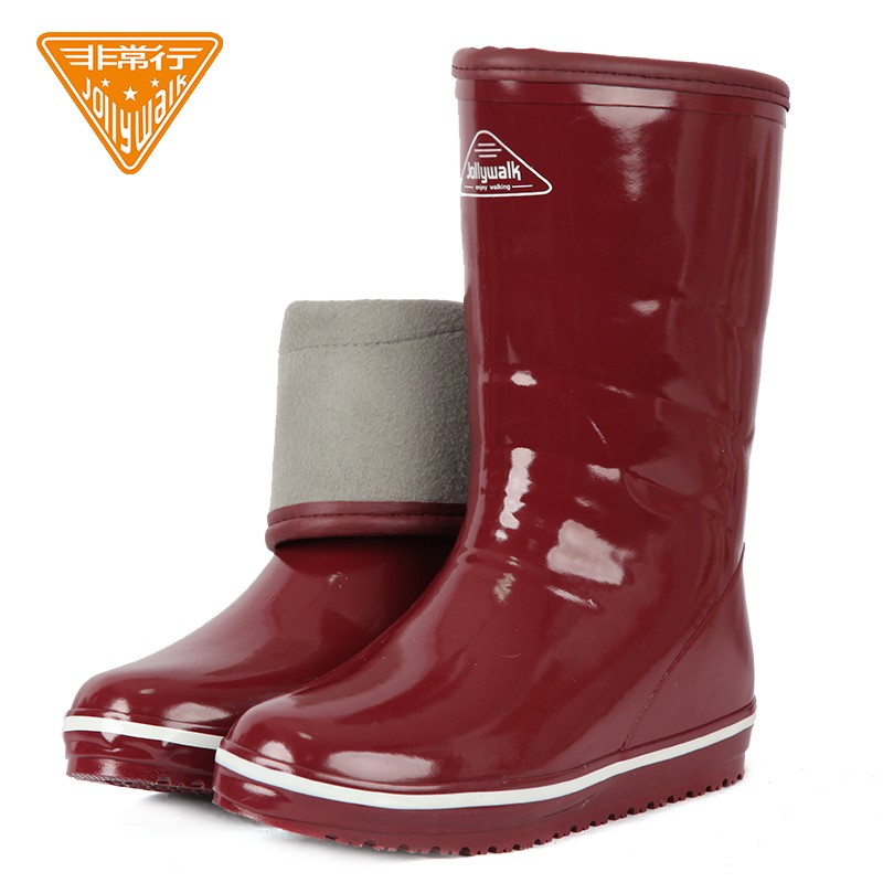非常行（Jolly Walk）雨鞋女 中筒时尚水鞋 冬季加绒防水雨靴 JW333 酒红 35