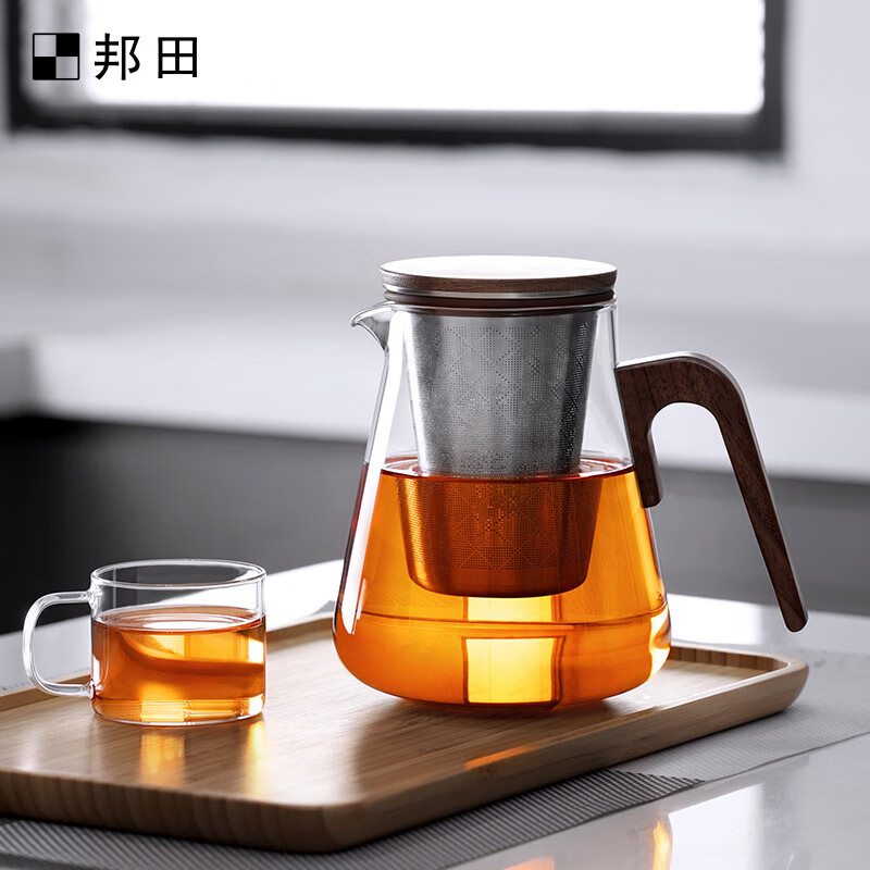 邦田(Bonston)办公室懒人泡茶壶胡桃木把大容量玻璃茶壶不锈钢内胆茶水分离茶具 800ML+托盘+恒温宝+4小杯