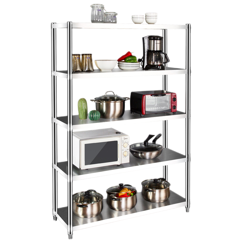 亿肃河【层高可调节 配万向轮】304不锈钢厨房置物架五层落地厨房储物微波炉烤箱架多功能加厚柜收纳货架 304加厚款长60宽50高180五层 可调节