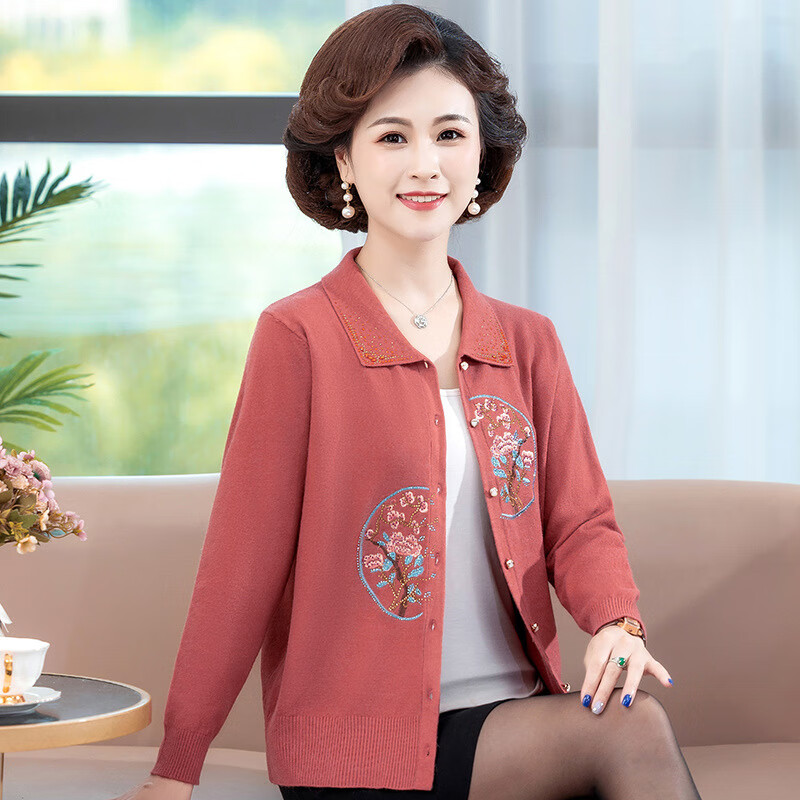 毛衣开衫减龄翻领秋装洋气50岁早秋装宽松衫带领子 橙女性美女时尚