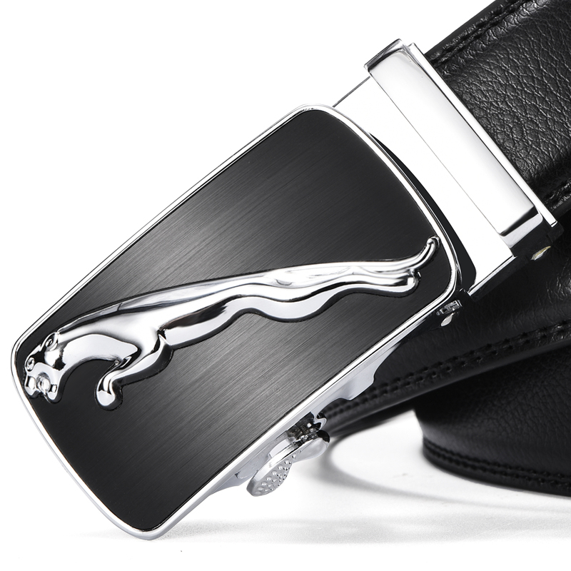 POACY男士皮带 豹子真牛皮腰带男 时尚商务情人节 情人节裤带男款 百搭 P807银色 115cm 【33-35裤码】