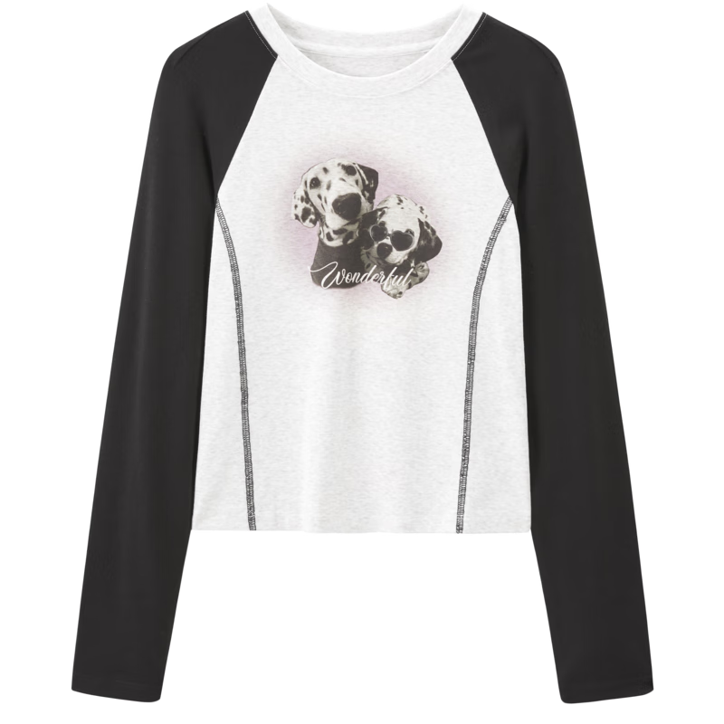 樂(lè )町美式復古風(fēng)秋季新款撞色插肩袖斑點(diǎn)狗印花修身長(cháng)袖T恤女 黑+白(現貨) S