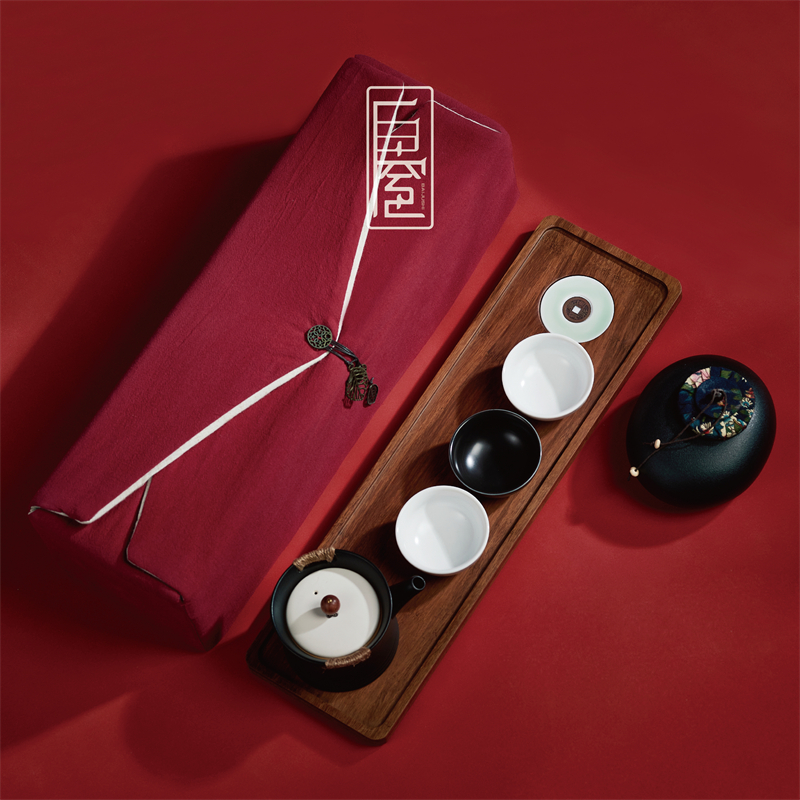 白居室旅行茶具小套日式家用便携式干泡功夫茶杯茶盘棉麻布包套装 金叶玉寰-藏红色 6件