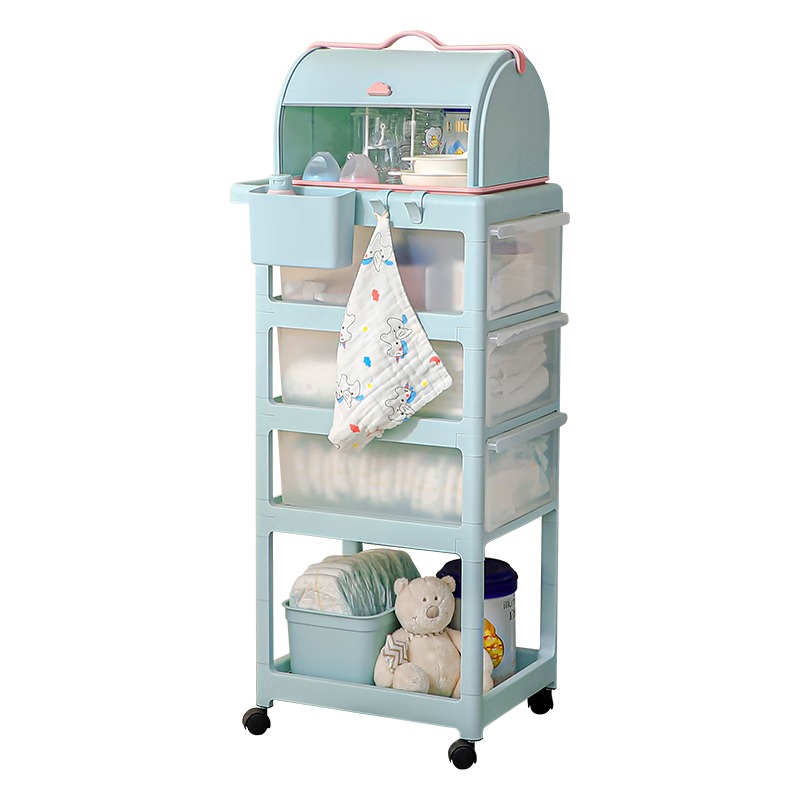 也雅（Yeya） 推车置物架 宝宝用品收纳架推车月子置物架 婴儿玩具收纳架储物盒 3抽屉+1高层-苏贝青