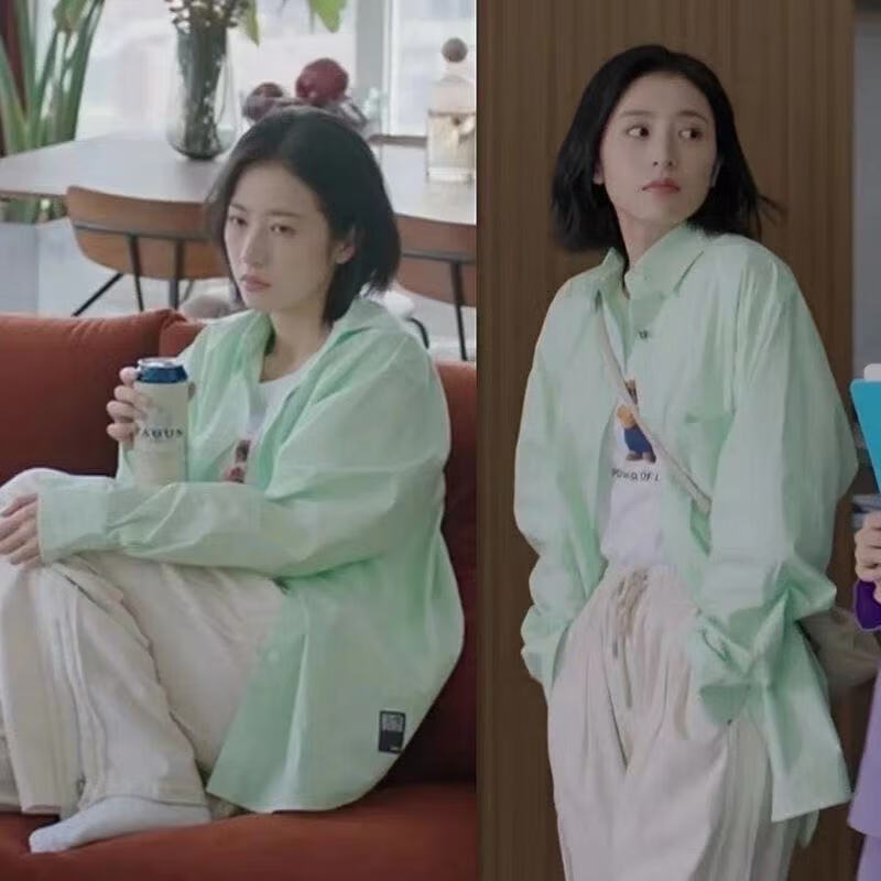 雷黛茜我在他乡挺好的周雨彤乔夕辰绿色衬衫女设计感小众宽松上衣秋 图片色薄荷绿 S 建议80-100斤