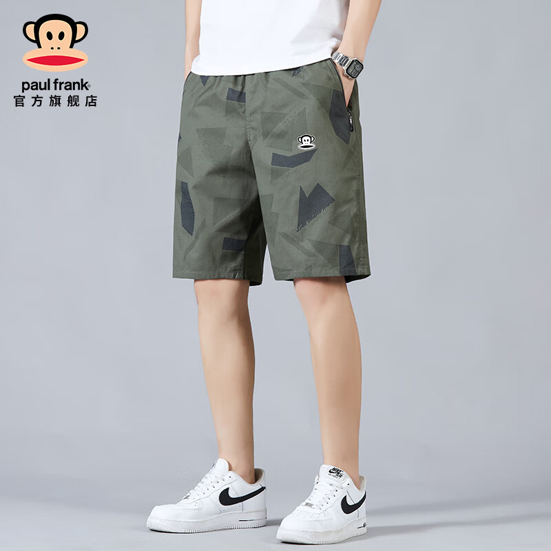 大嘴猴（paul frank）纯棉休闲短裤男夏季薄款宽松凉感外穿直筒中裤五分裤子百搭半截裤 520军绿色【官方正品】 2XL【建议135-150斤】