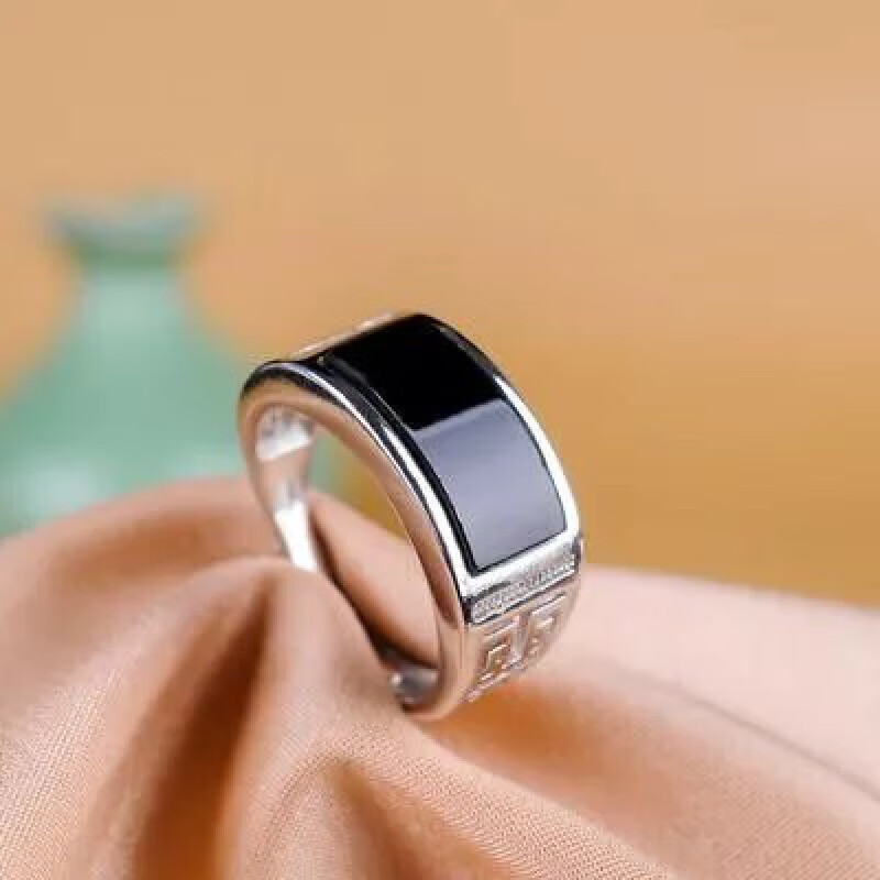 snqp墨翠戒指翡翠情侣款男生指环可调节简约潮流时尚百搭 翡翠墨翠情