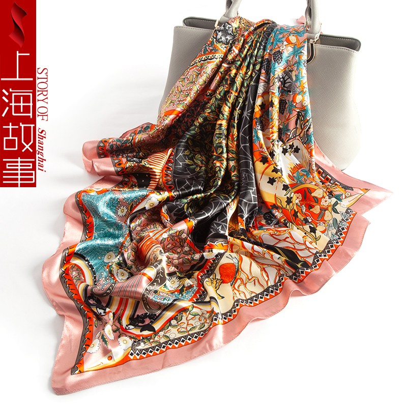 上海故事丝巾  四季通用出行仿真丝大方巾女围巾披肩 发财树 粉色