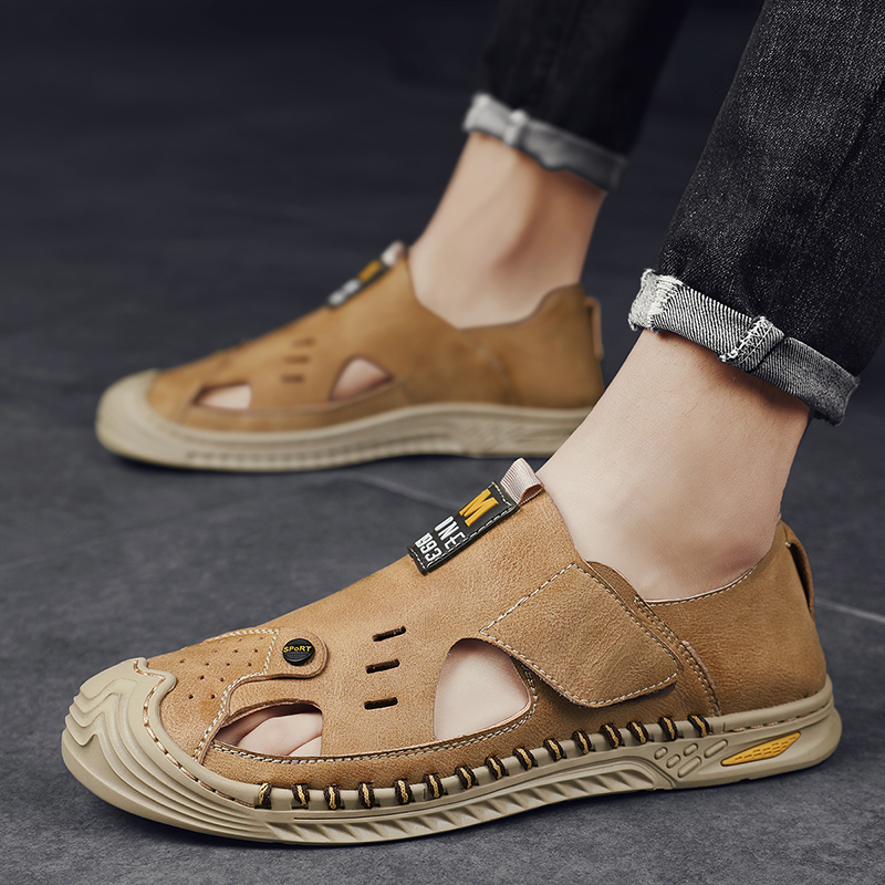 汉克红蚂蚁凉鞋男纯手工缝制软底防滑防臭透气外穿休闲沙滩鞋男士皮凉