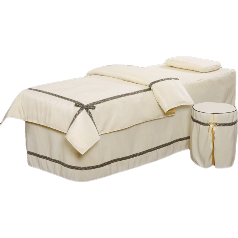 美容床罩四件套全棉欧式简约纯棉麻按摩床罩美容院专用北欧风阿宝 米白色 竹节蝴蝶结 190*70方头四件套+被芯