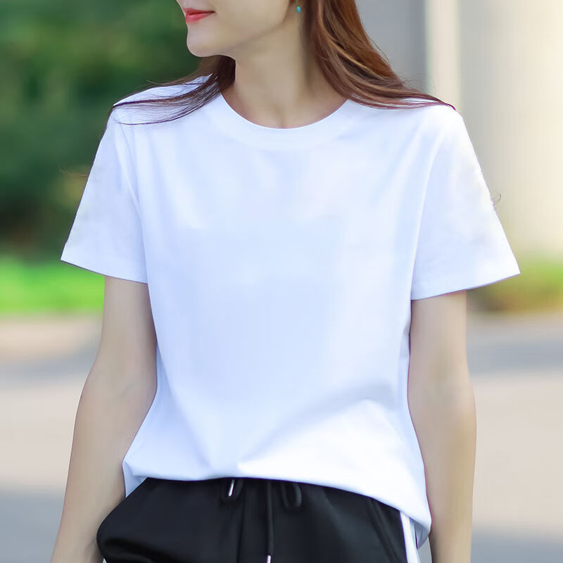 含棉短袖t恤女夏季新款白色简约女装纯色半袖打底衫宽松时尚百搭 白色