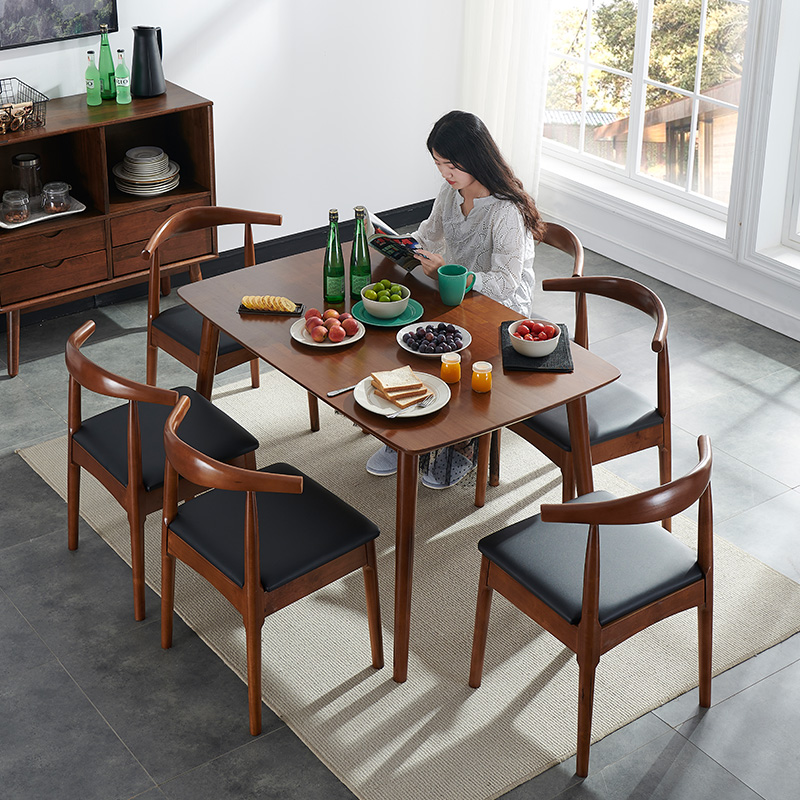 辉煌盛世 实木餐桌椅组合北欧小户型家用饭桌简易日式长方形餐桌 胡桃木色 (1.5米餐桌)一桌4椅