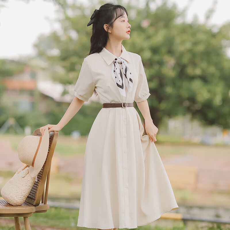 浪蔷教师面试连衣裙教资穿搭通勤风女装正式场合法式文艺小个子 杏色