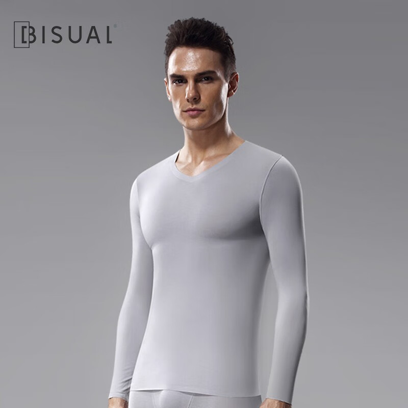 必行（bisual）单件男士保暖内衣莫代尔V领保暖衣紧身打底秋衣无痕薄款男士上衣 浅灰色 2XL （适合140-160斤）