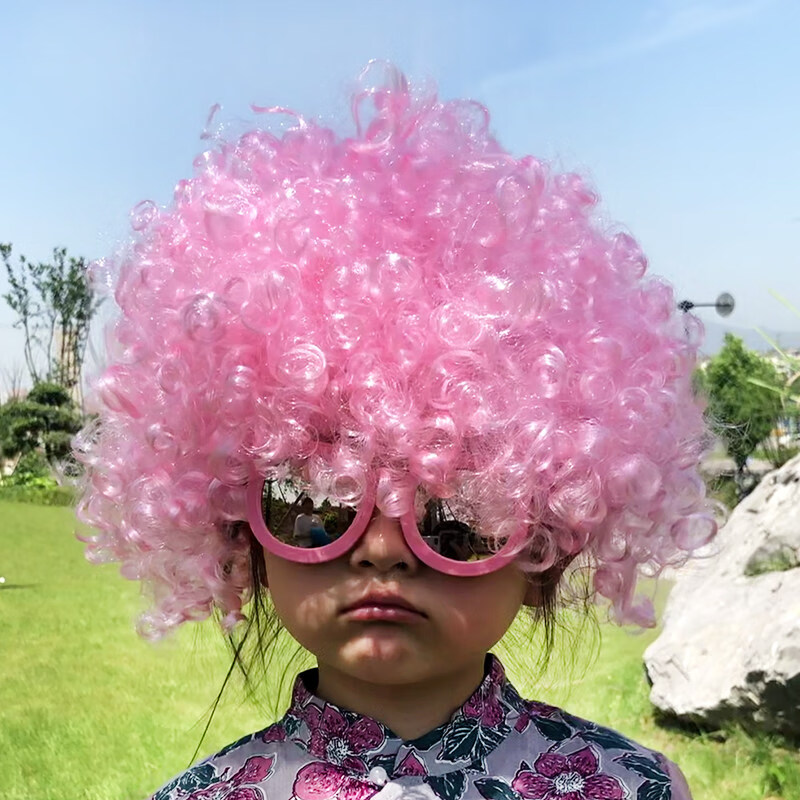 儿童爆炸头假发短卷发彩色成人球迷装扮搞笑小丑表演道具头饰发套 淡